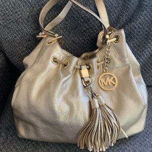 Michael Kors Gold Pebbled Leather Camden Tassel & Logo Drawstring Shoulder Bag